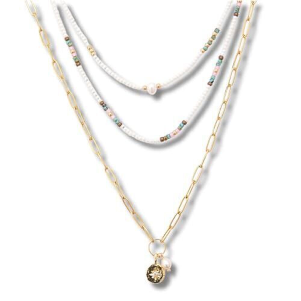 1989 Boho Set of 3 Necklaces and Teen Girls, Pearl Gold Multicolor Layered